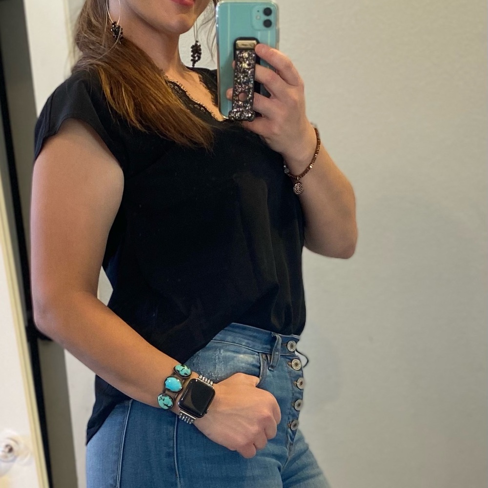 Black Lace neckline short sleeve blouse